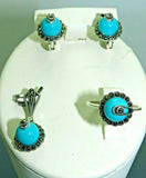 Turkish Handmade Jewelry 925 Sterling Silver Turquoise Stone Women's Earrings, Pendant & Ring Jewelry Set