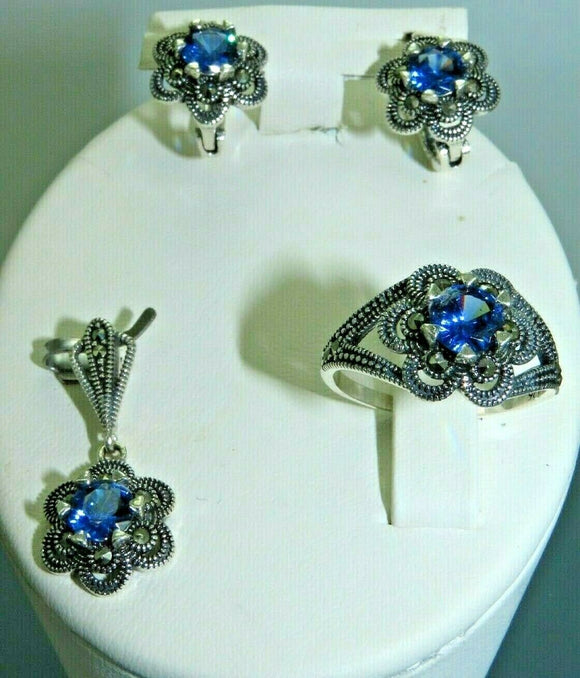 Turkish Handmade Jewelry 925 Sterling Silver Sapphire Stone Women's Earrings, Pendant & Ring Jewelry Set