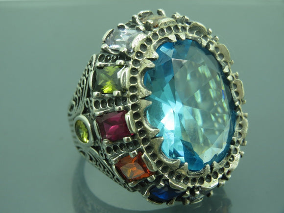 Turkish Handmade Jewelry 925 Sterling Silver Aquamarine Stone Men's Ring Sz 11