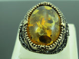 Turkish Handmade Jewelry 925 Sterling Silver Amber Stone Mens Rings