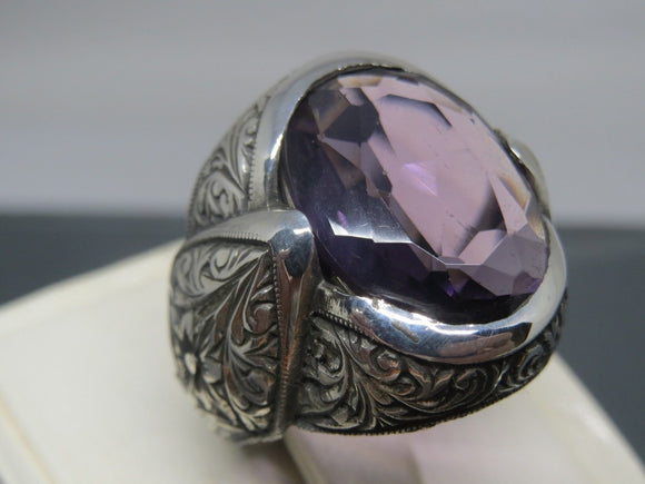 Turkish Handmade Jewelry 925 Sterling Silver Amethyst Stone Engraved Mens Rings