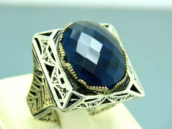 Turkish Handmade Jewelry 925 Sterling Silver Sapphire Stone Mens Rings