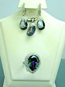 Turkish Handmade Jewelry 925 Sterling Silver Rainbow Stone Women's Earrings, Pendant & Ring Jewelry Set