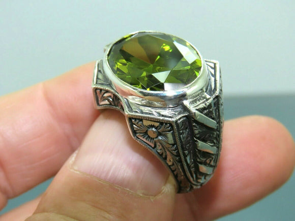 Turkish Handmade Jewelry 925 Sterling Silver Peridot Stone Engraved Mens Rings