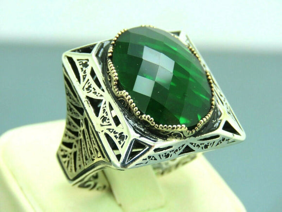 Turkish Handmade Jewelry 925 Sterling Silver Emerald Stone Mens Rings