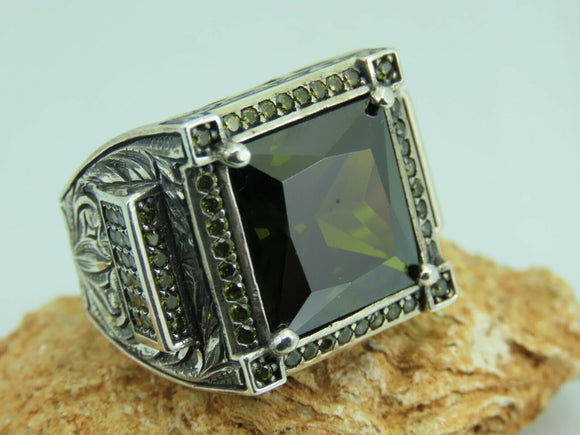 Turkish Handmade Jewelry 925 Sterling Silver Peridot Stone Men's Rings