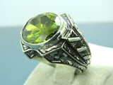 Turkish Handmade Jewelry 925 Sterling Silver Peridot Stone Engraved Mens Rings
