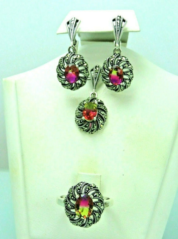 Turkish Handmade Jewelry 925 Sterling Silver Tourmaline Stone Women's Earrings, Pendant & Ring Jewelry Set