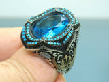 Turkish Handmade Jewelry 925 Sterling Silver Aquamarine Stone Mens Rings