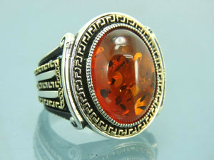 Turkish Handmade Jewelry 925 Sterling Silver Amber Stone Mens Rings