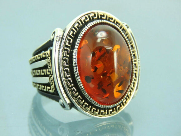 Turkish Handmade Jewelry 925 Sterling Silver Amber Stone Mens Rings