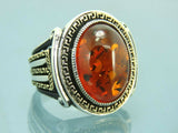 Turkish Handmade Jewelry 925 Sterling Silver Amber Stone Mens Rings