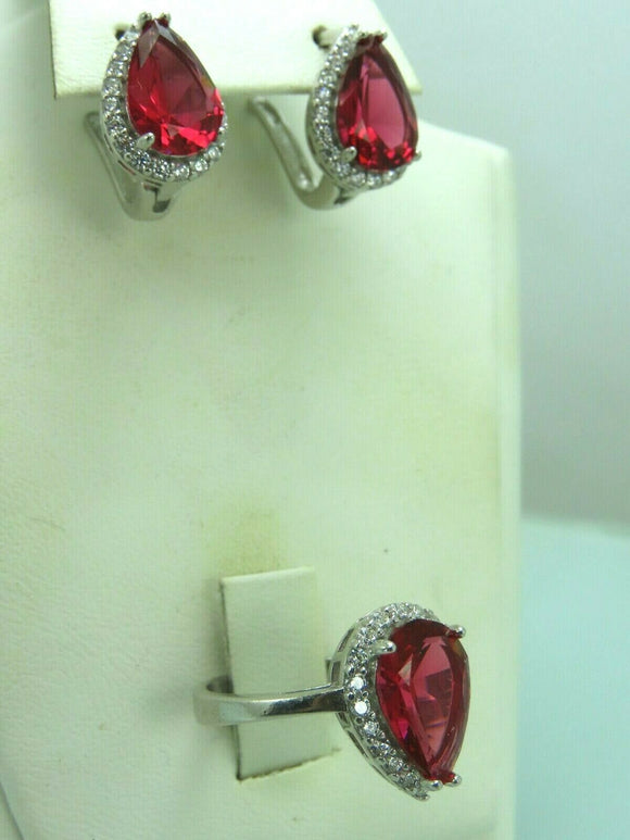 Turkish Handmade Jewelry 925 Sterling Silver Ruby Stone Women's Earrings & Ring Jewelry Set