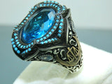 Turkish Handmade Jewelry 925 Sterling Silver Aquamarine Stone Mens Rings