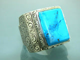 Turkish Handmade Jewelry 925 Sterling Silver Turquoise Stone Engraved Mens Rings