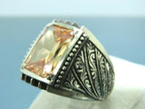 Turkish Handmade Jewelry 925 Sterling Silver Quartz Stone Engraved Mens Rings