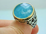 Turkish Handmade Jewelry 925 Sterling Silver Aquamarine Stone Mens Rings