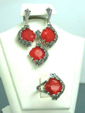 Turkish Handmade Jewelry 925 Sterling Silver Coral Stone Women's Earrings, Pendant & Ring Jewelry Set