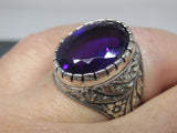 Turkish Handmade Jewelry 925 Sterling Silver Amethyst Stone Engraved Mens Rings