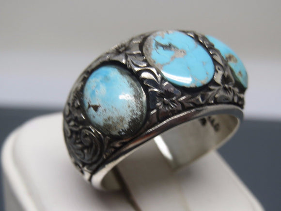 Turkish Handmade Jewelry 925 Sterling Silver Turquoise Stone Engraved Mens Rings