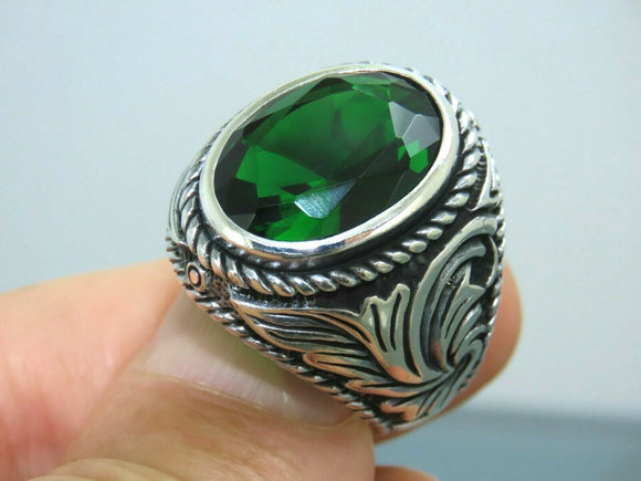 Turkish Handmade Jewelry 925 Sterling Silver Emerald Stone Men Ring Sz 10