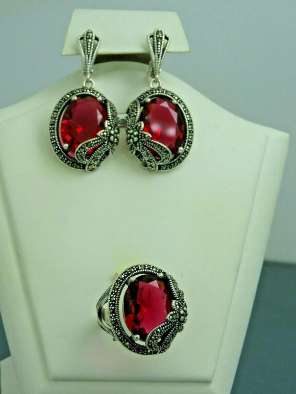 Turkish Handmade Jewelry 925 Sterling Silver Ruby Stone Women's Earrings & Ring Jewelry Set