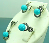 Turkish Handmade Jewelry 925 Sterling Silver Turquoise Stone Women's Earrings, Pendant & Ring Jewelry Set