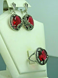 Turkish Handmade Jewelry 925 Sterling Silver Ruby Stone Women's Earrings & Ring Jewelry Set