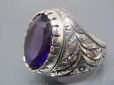Turkish Handmade Jewelry 925 Sterling Silver Amethyst Stone Engraved Mens Rings