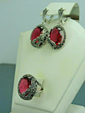 Turkish Handmade Jewelry 925 Sterling Silver Ruby Stone Women's Earrings & Ring Jewelry Set