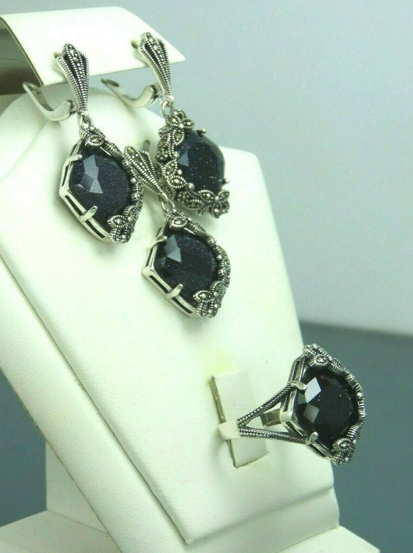 Turkish Handmade Jewelry 925 Sterling Silver Aventurine Stone Women's Earrings, Pendant & Ring Jewelry Set