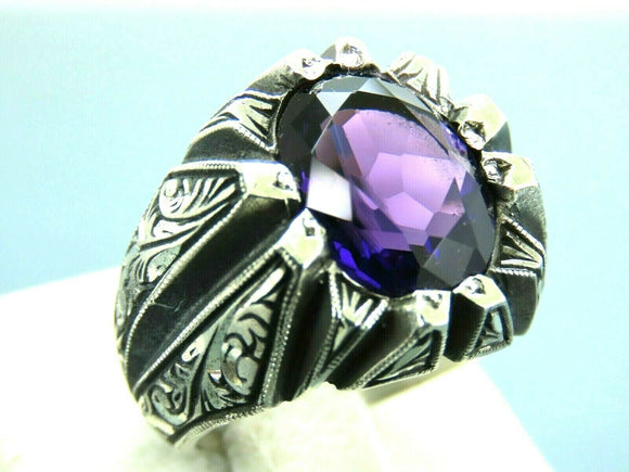 Turkish Handmade Jewelry 925 Sterling Silver Amethyst Stone Engraved Mens Rings