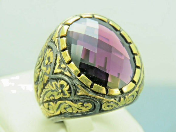 Turkish Handmade Jewelry 925 Sterling Silver Amethyst Stone Engraved Mens Rings