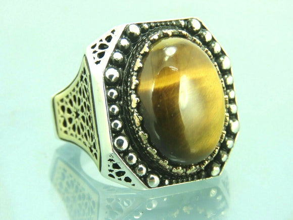 Turkish Handmade Jewelry 925 Sterling Silver Tiger's Eye Stone Mens Rings