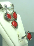 Turkish Handmade Jewelry 925 Sterling Silver Coral Stone Women's Earrings, Pendant & Ring Jewelry Set