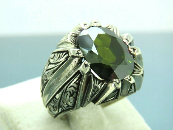 Turkish Handmade Jewelry 925 Sterling Silver Peridot Stone Engraved Mens Rings