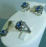 Turkish Handmade Jewelry 925 Sterling Silver Sapphire Stone Women's Earrings, Pendant & Ring Jewelry Set