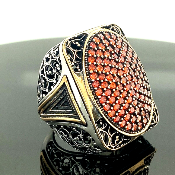 Turkish Handmade Jewelry 925 Sterling Silver Garnet Stone Engraved Mens Rings