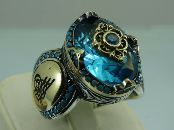 Turkish Handmade Jewelry 925 Sterling Silver Aquamarine Stone Men's Rings