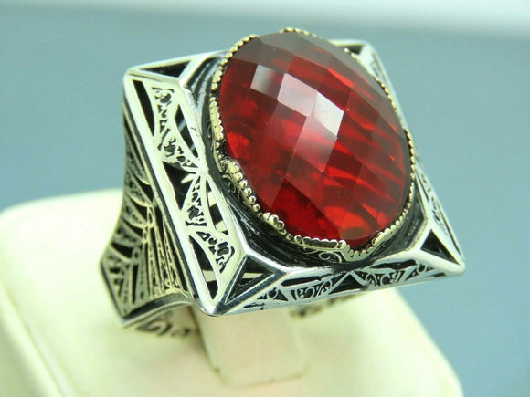 Turkish Handmade Jewelry 925 Sterling Silver Garnet Stone Mens Rings