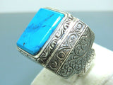 Turkish Handmade Jewelry 925 Sterling Silver Turquoise Stone Engraved Mens Rings