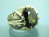 Turkish Handmade Jewelry 925 Sterling Silver Peridot Stone Engraved Mens Rings