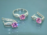 Turkish Handmade Jewelry 925 Sterling Silver Pink Zircon Stone Women's Earrings & Ring Jewelry Set