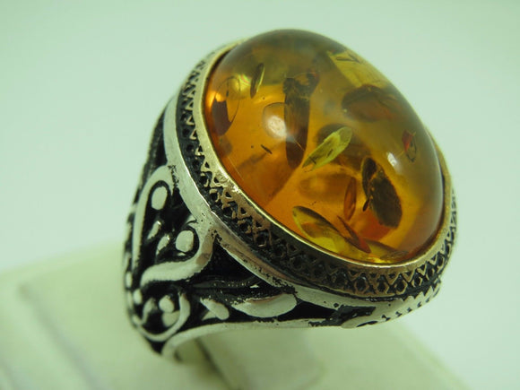 Turkish Handmade Jewelry 925 Sterling Silver Amber Stone Mens Rings