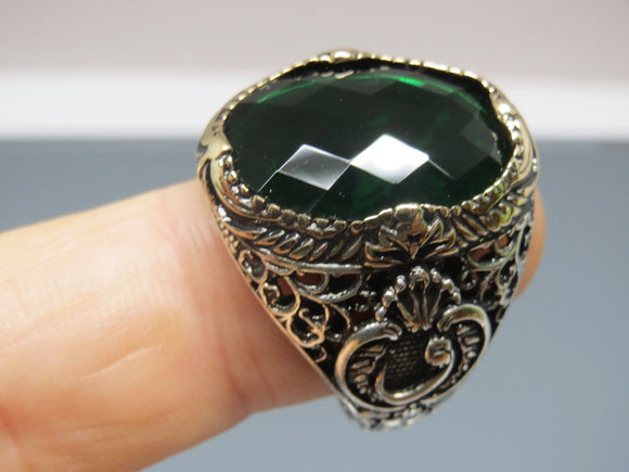 Turkish Handmade Jewelry 925 Sterling Silver Emerald Stone Mens Rings