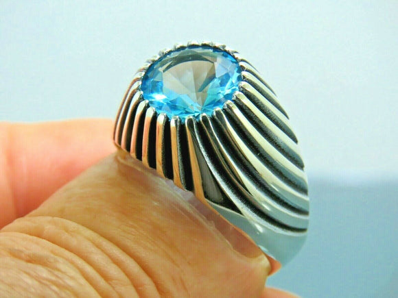 Turkish Handmade Jewelry 925 Sterling Silver Aquamarine Stone Mens Rings