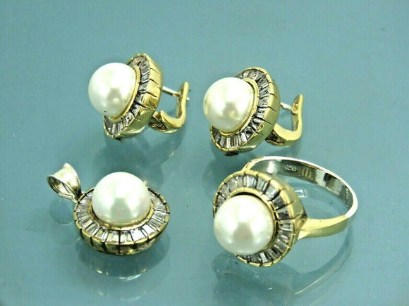 Turkish Handmade Jewelry 925 Sterling Silver Pearl Stone Women's Earrings, Pendant & Ring Jewelry Set