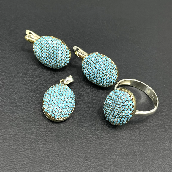 Turkish Handmade Jewelry 925 Sterling Silver Turquoise Women's Earrings, Pendant & Ring Jewelry Set