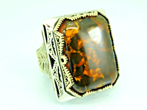 Turkish Handmade Jewelry 925 Sterling Silver Amber Stone Mens Rings