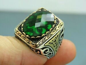 Turkish Handmade Jewelry 925 Sterling Silver Emerald Stone Mens Rings